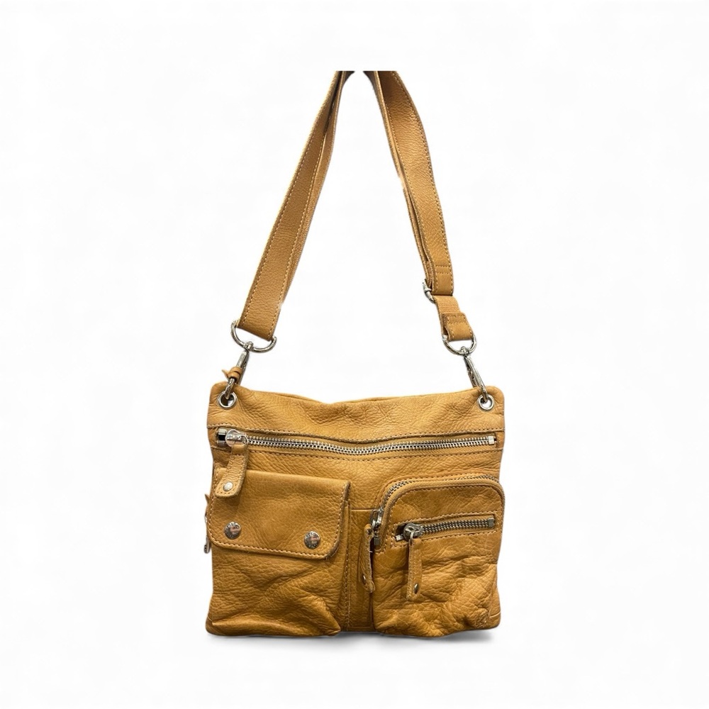 Vintage Fossil Sutter Mustard‎ Leather Pebbled Crossbody Handbag Pockets Logo